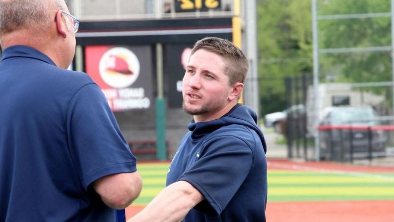 Penn State DuBois baseball coach Garrett Brown prepares to receive his PSUAC championship metal after DuBois won the conference championship in the 2023-24 season. Brown has now been named the new head coach of Penn State DuBois baseball.